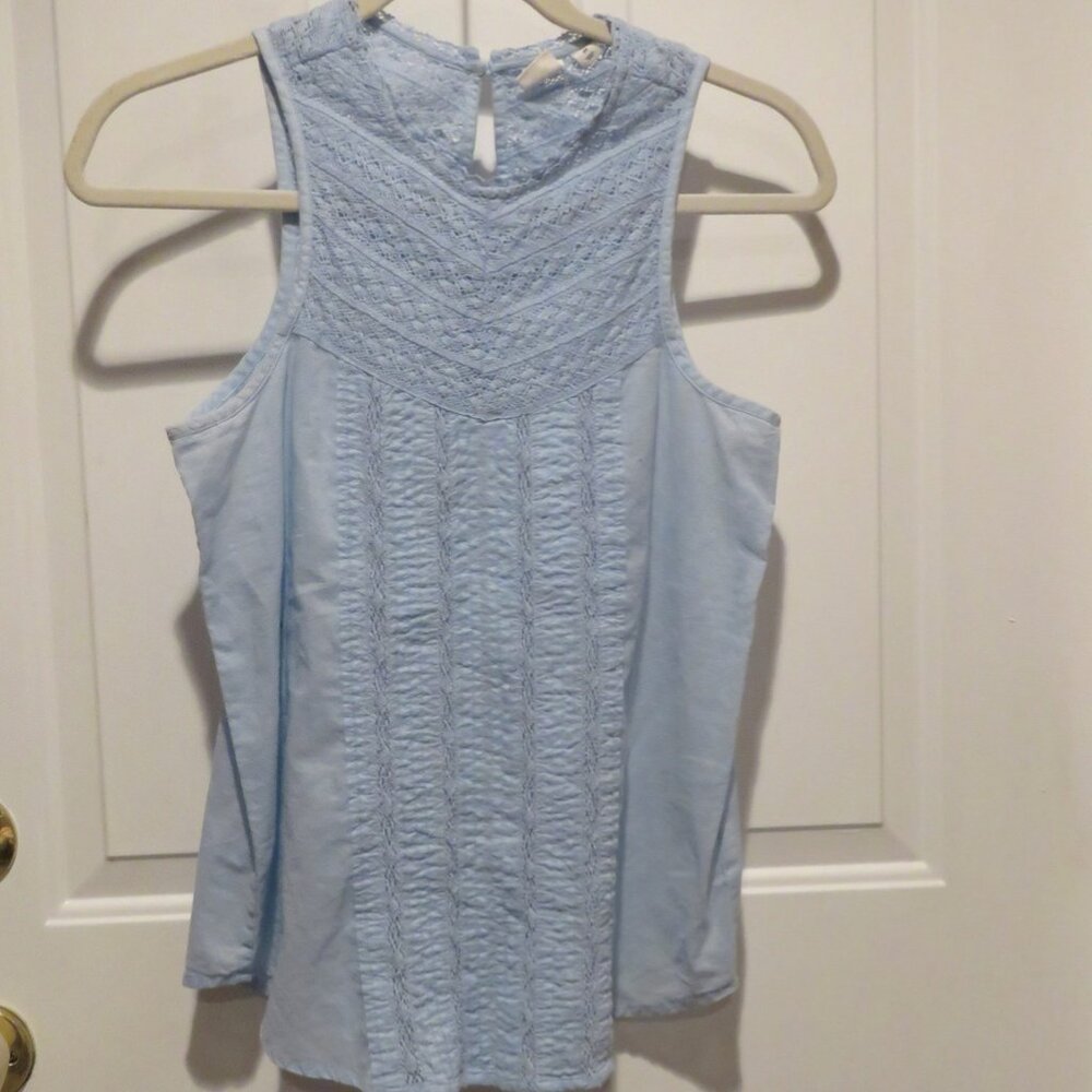 GAP Cerulean Blue Cotton Lace Pin Tuck Tank Blouse Top Size XS Sleeveless Boho